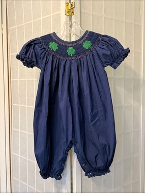 Girl’s Navy Smocked Romper with Green Clover Embroidery Size 9m